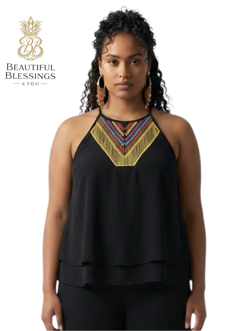 NWT THML Black Embroidered Halter Tank Top Colorful Boho Detail Sleeveless Top M